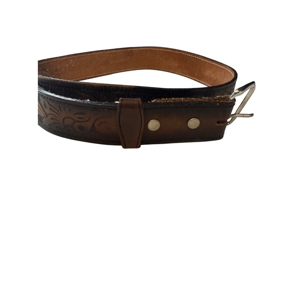 Vintage Tooled Leather Belt With Floral Design & Metal Buckle Size 34
